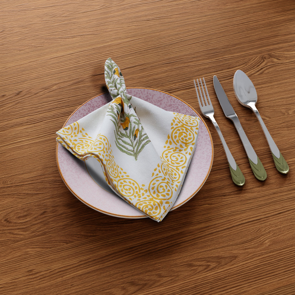 Hand Block Print Cotton Cloth Dinner Napkins, Yellow Bloom Sicily, 20x20 inch