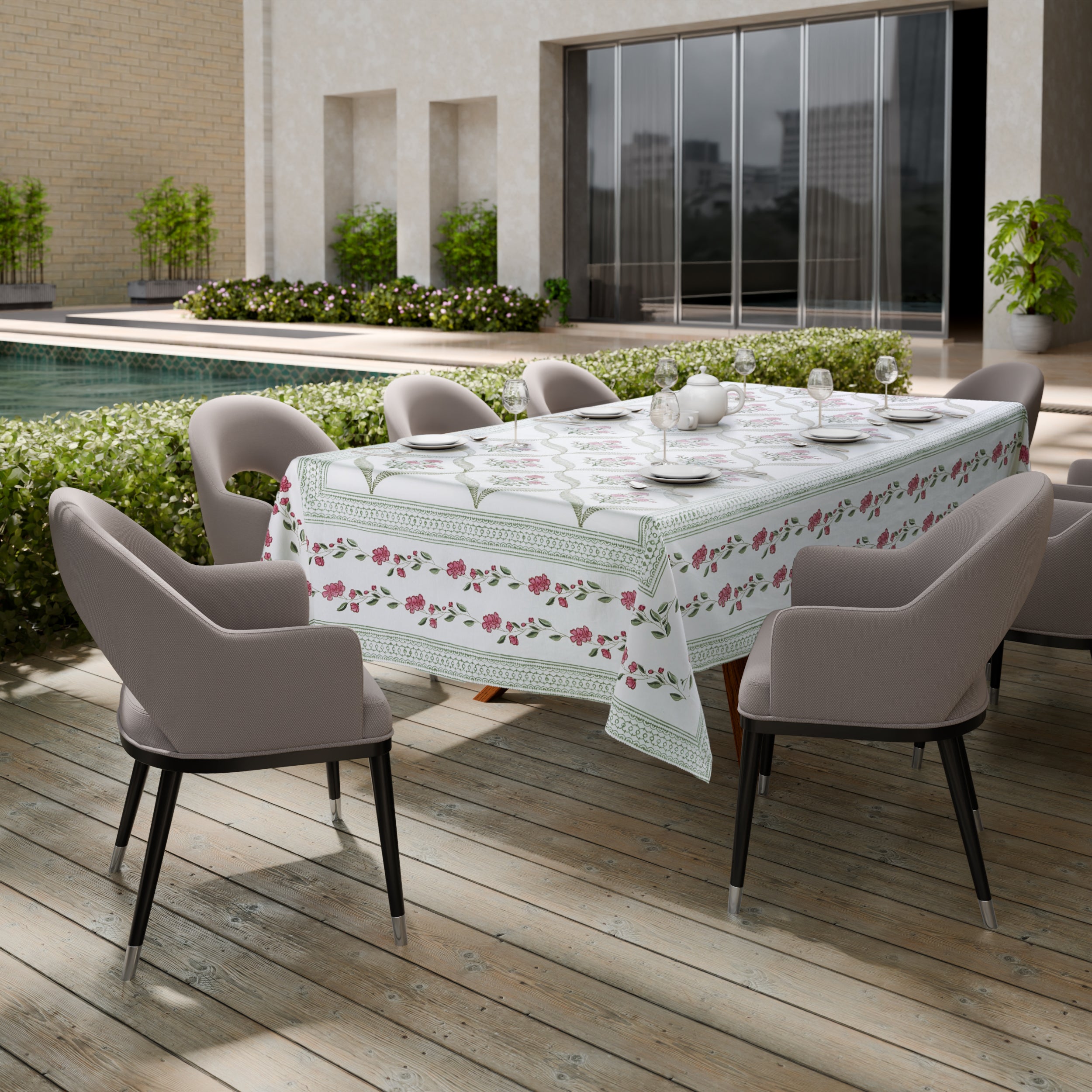 Hand Block Print Cotton Tablecloth, Pink Parisian Bloom