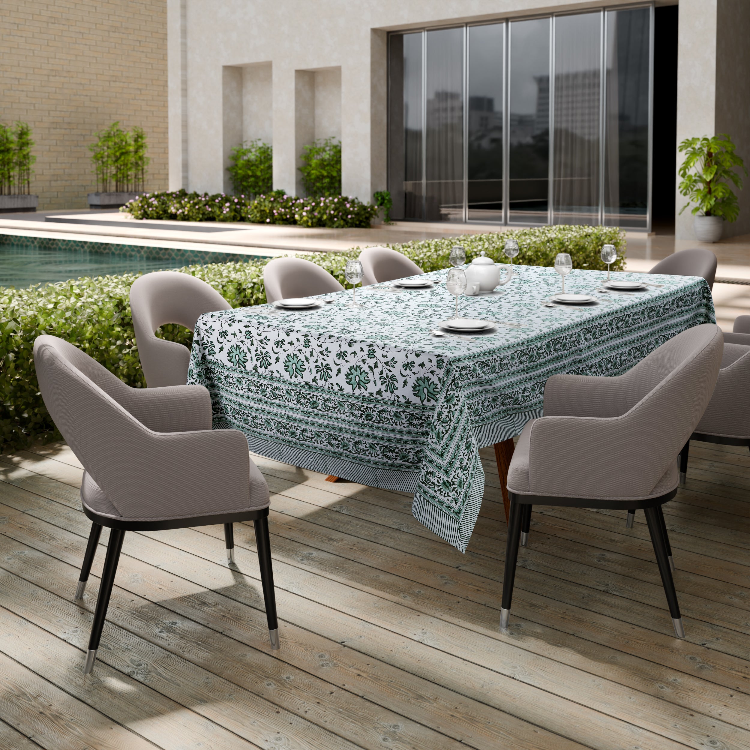 Hand Block Print Cotton Tablecloth, Versailles Garden Green