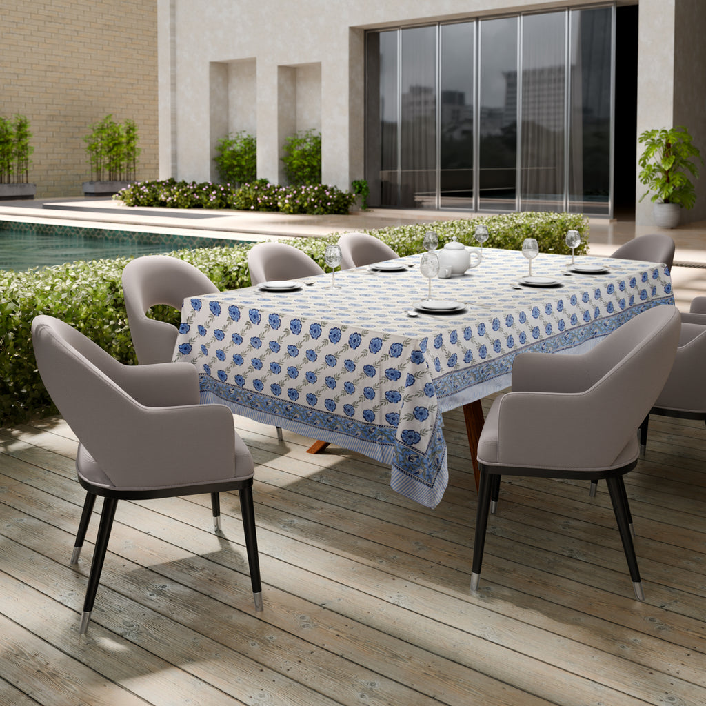 Hand Block Print Cotton Tablecloth, Blue Dutch Delft Blossoms