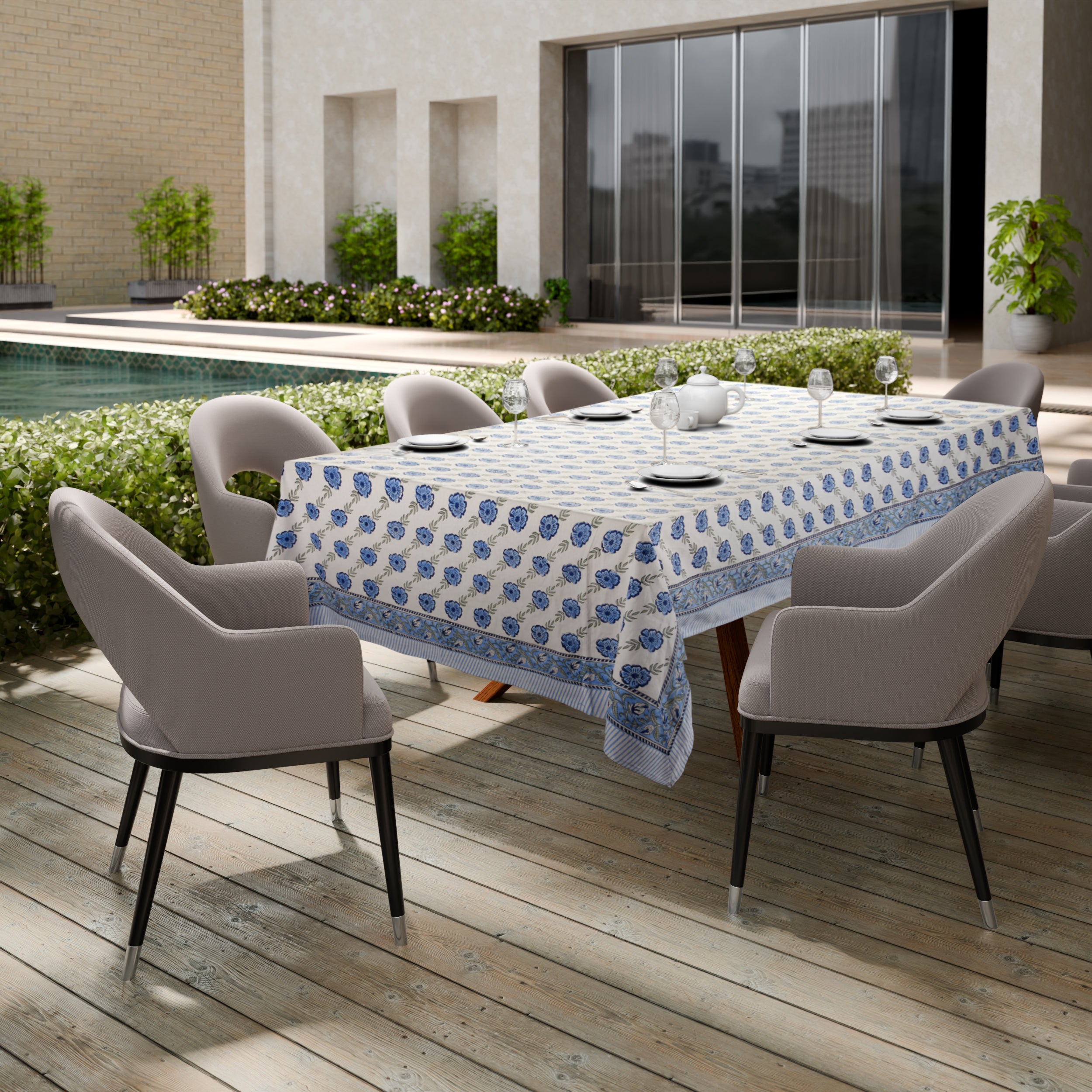 Hand Block Print Cotton Tablecloth, Blue Dutch Delft Blossoms