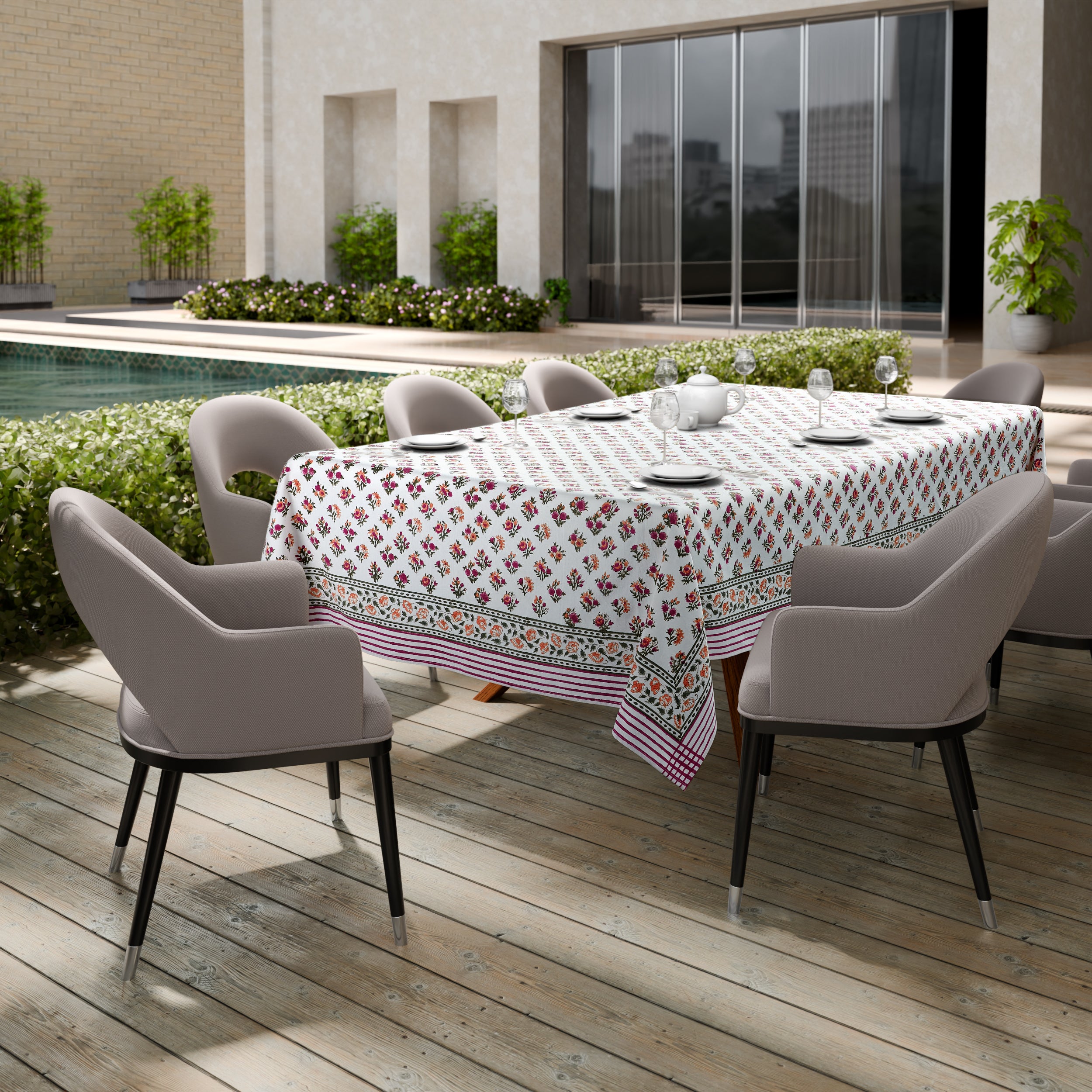 Hand Block Print Cotton Tablecloth, Tuscan Meadows