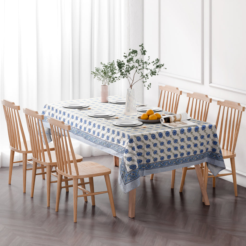 Hand Block Print Cotton Tablecloth, Blue Dutch Delft Blossoms
