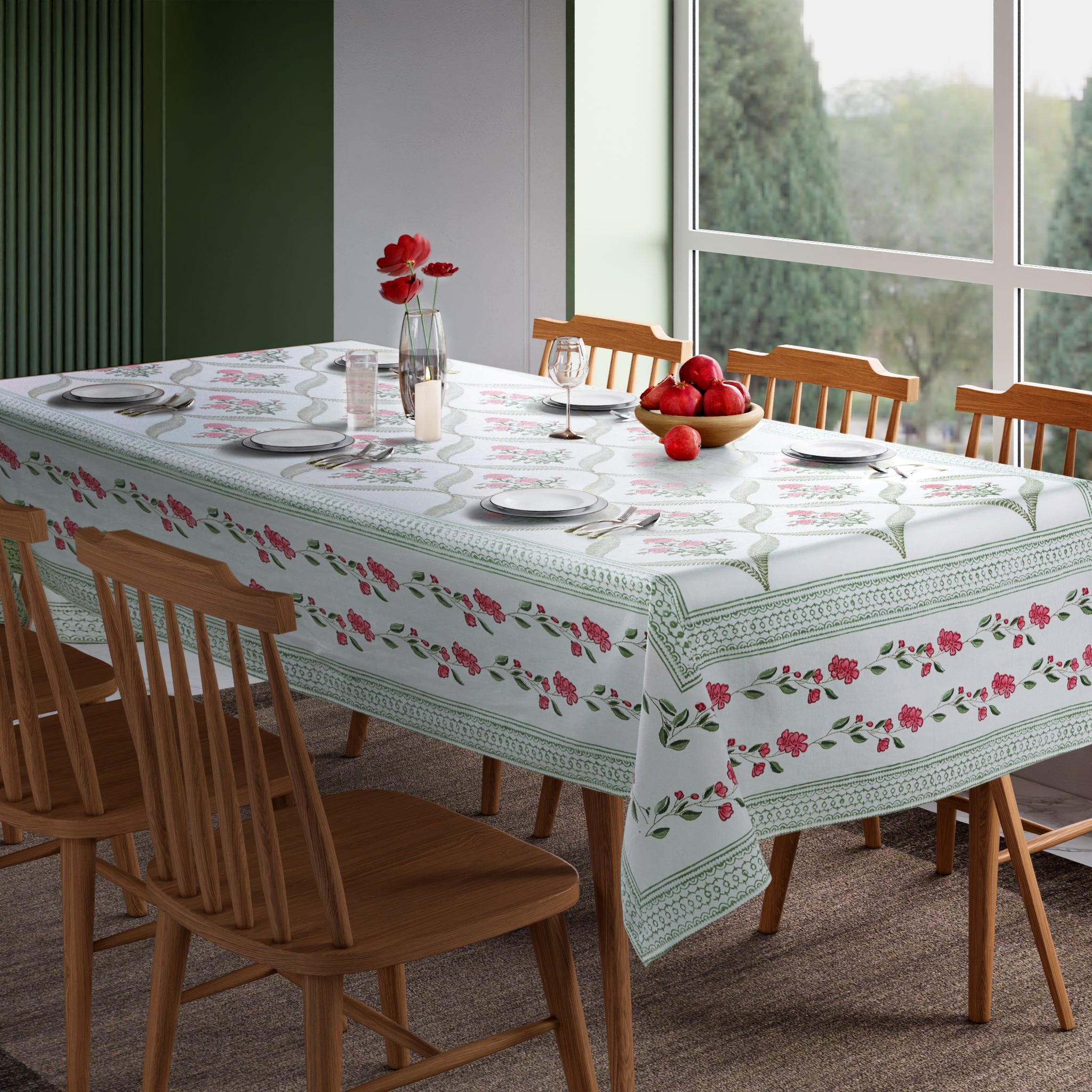 Hand Block Print Cotton Tablecloth, Pink Parisian Bloom