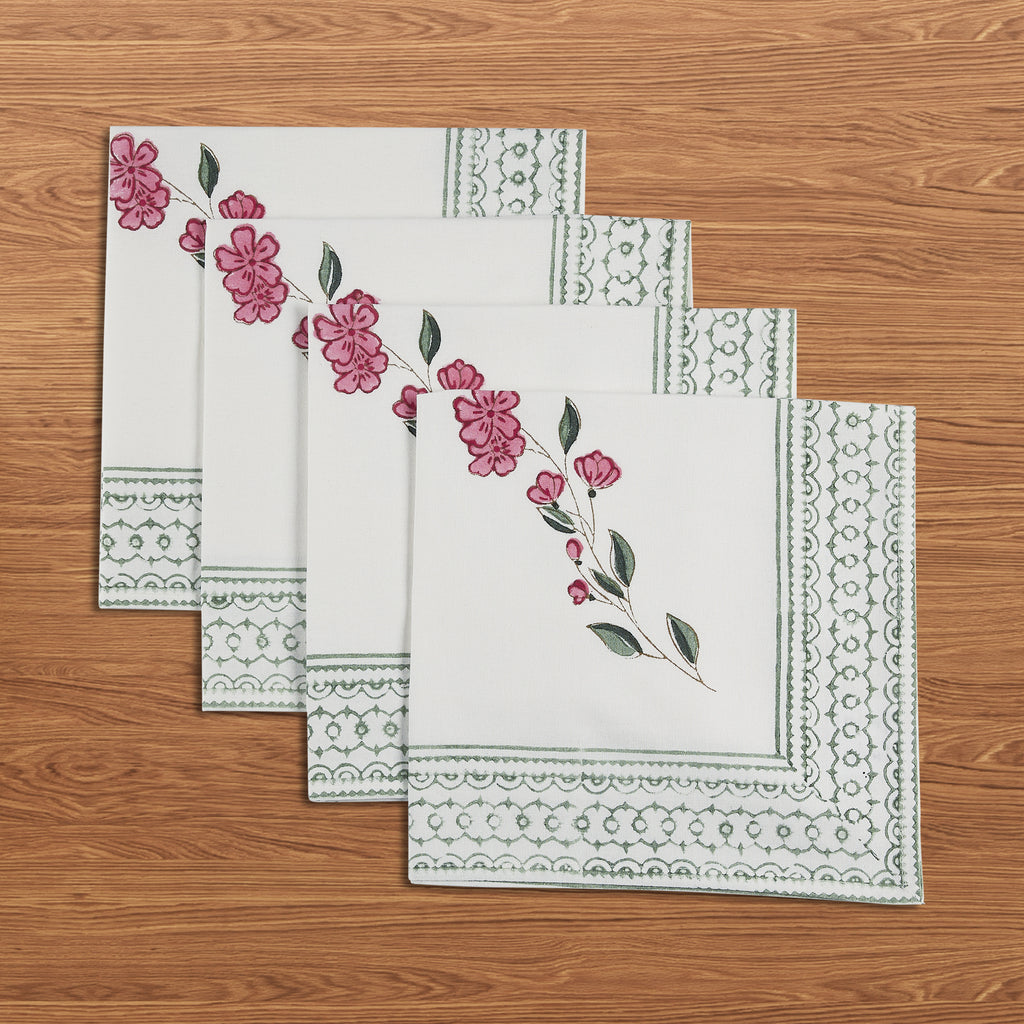Hand Block Print Cotton Cloth Dinner Napkins, Pink Parisian Bloom, 20x20 inch