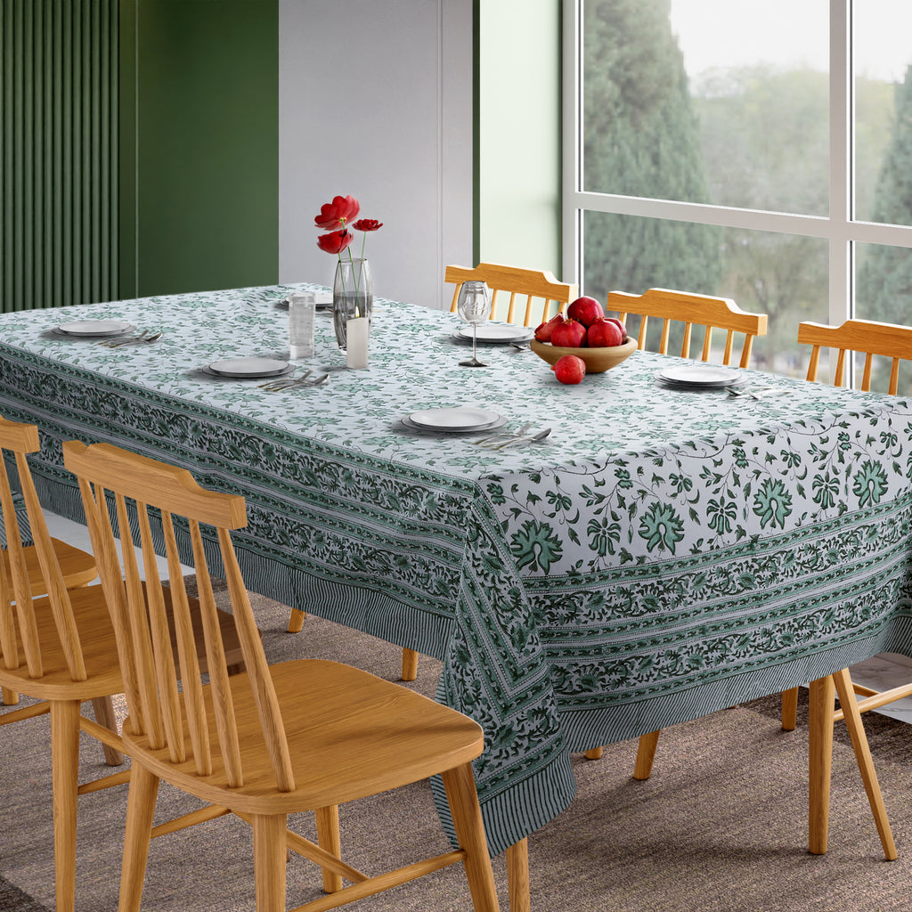 Hand Block Print Cotton Tablecloth, Versailles Garden Green