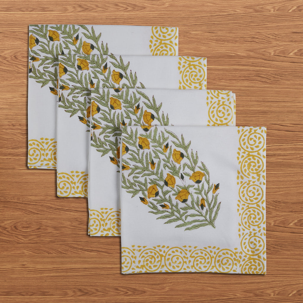 Hand Block Print Cotton Cloth Dinner Napkins, Yellow Bloom Sicily, 20x20 inch