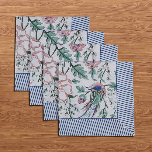 Hand Block Print Cotton Cloth Dinner Napkins, Vienna Garden Melody, 20x20 inch