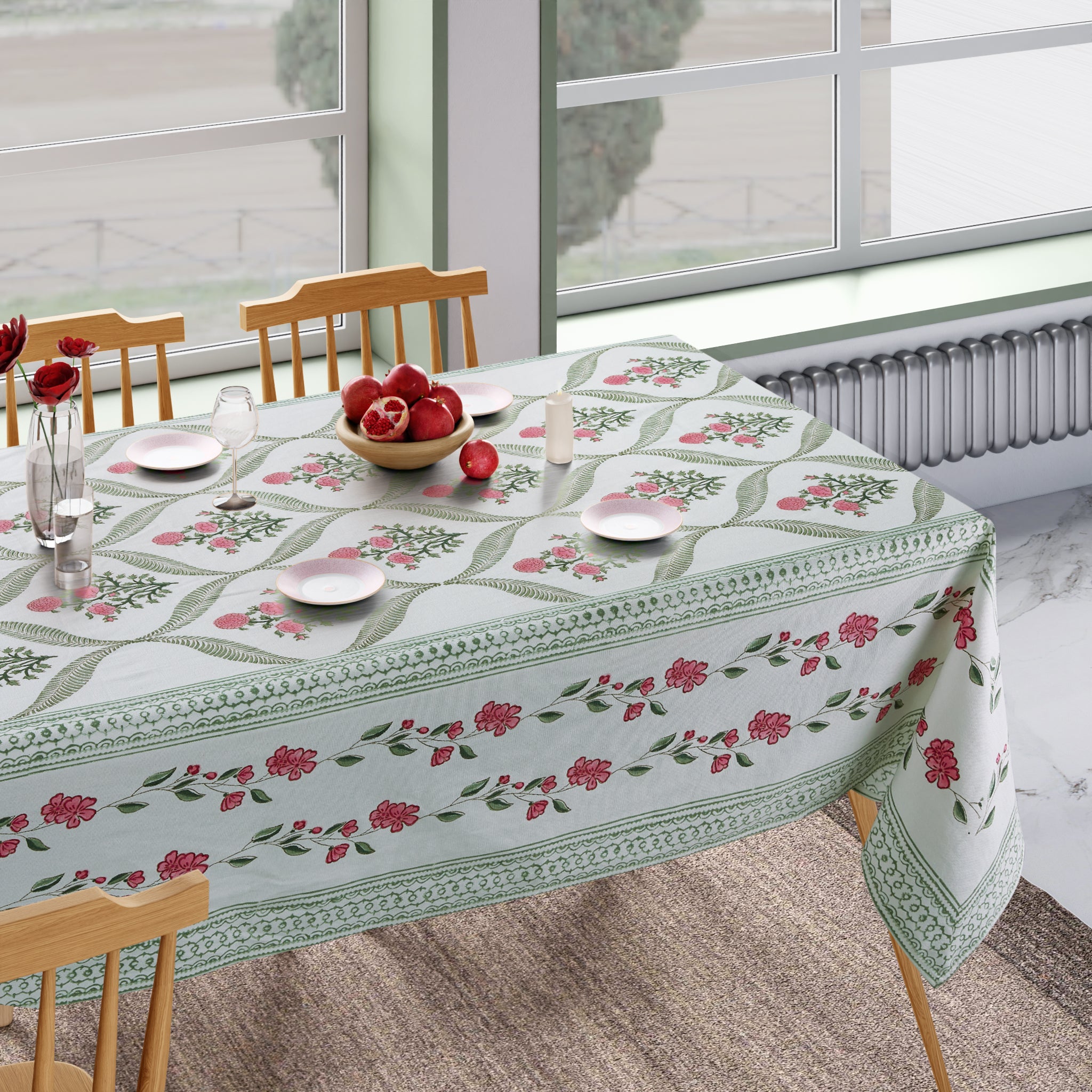 Hand Block Print Cotton Tablecloth, Pink Parisian Bloom