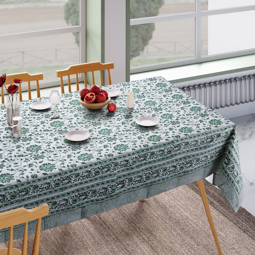 Hand Block Print Cotton Tablecloth, Versailles Garden Green