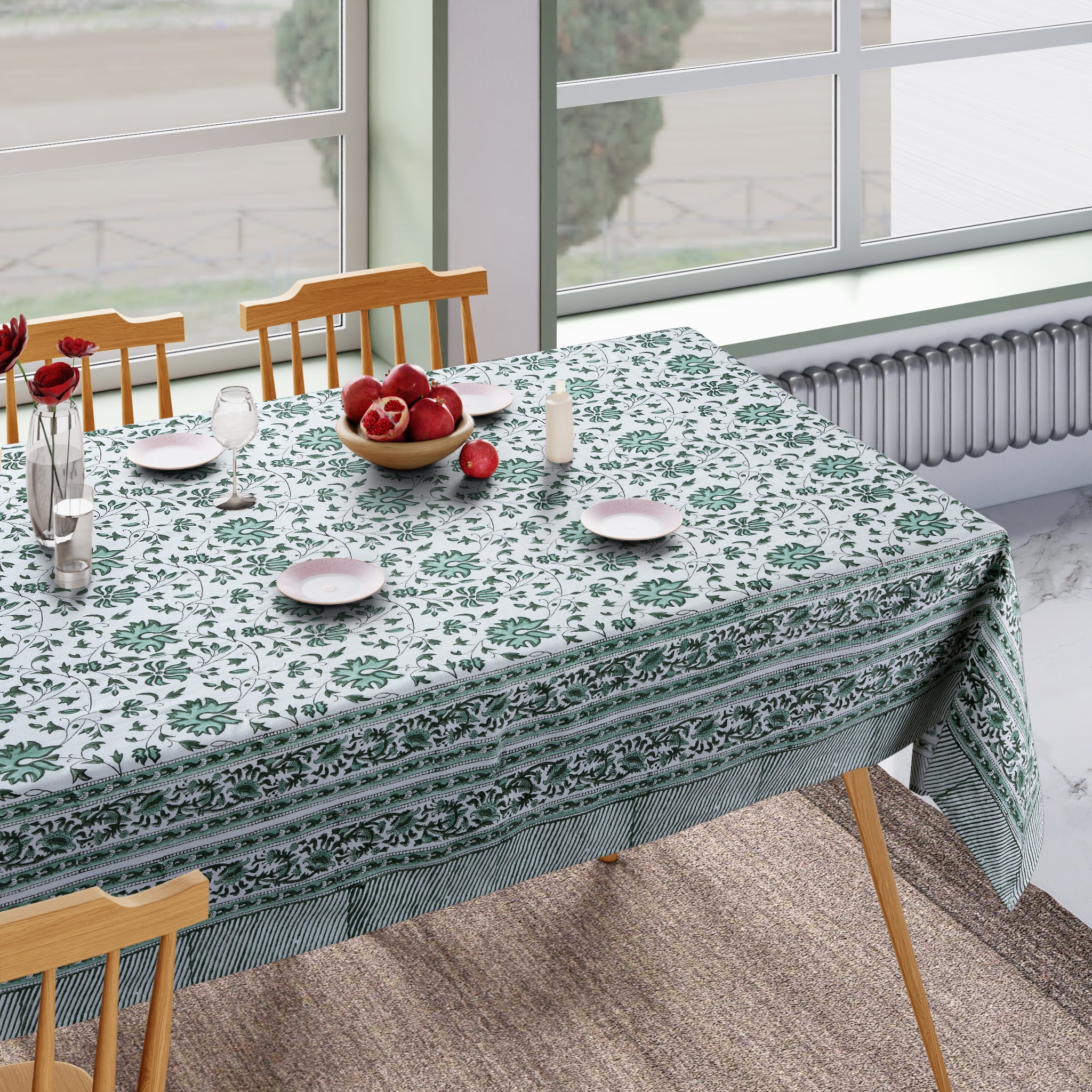 Hand Block Print Cotton Tablecloth, Versailles Garden Green