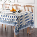 Hand Block Print Cotton Tablecloth, Blue Dutch Delft Blossoms