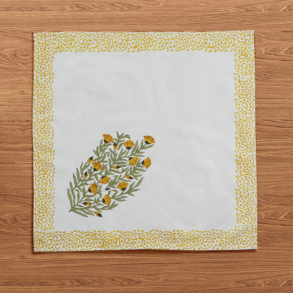 Hand Block Print Cotton Cloth Dinner Napkins, Yellow Bloom Sicily, 20x20 inch