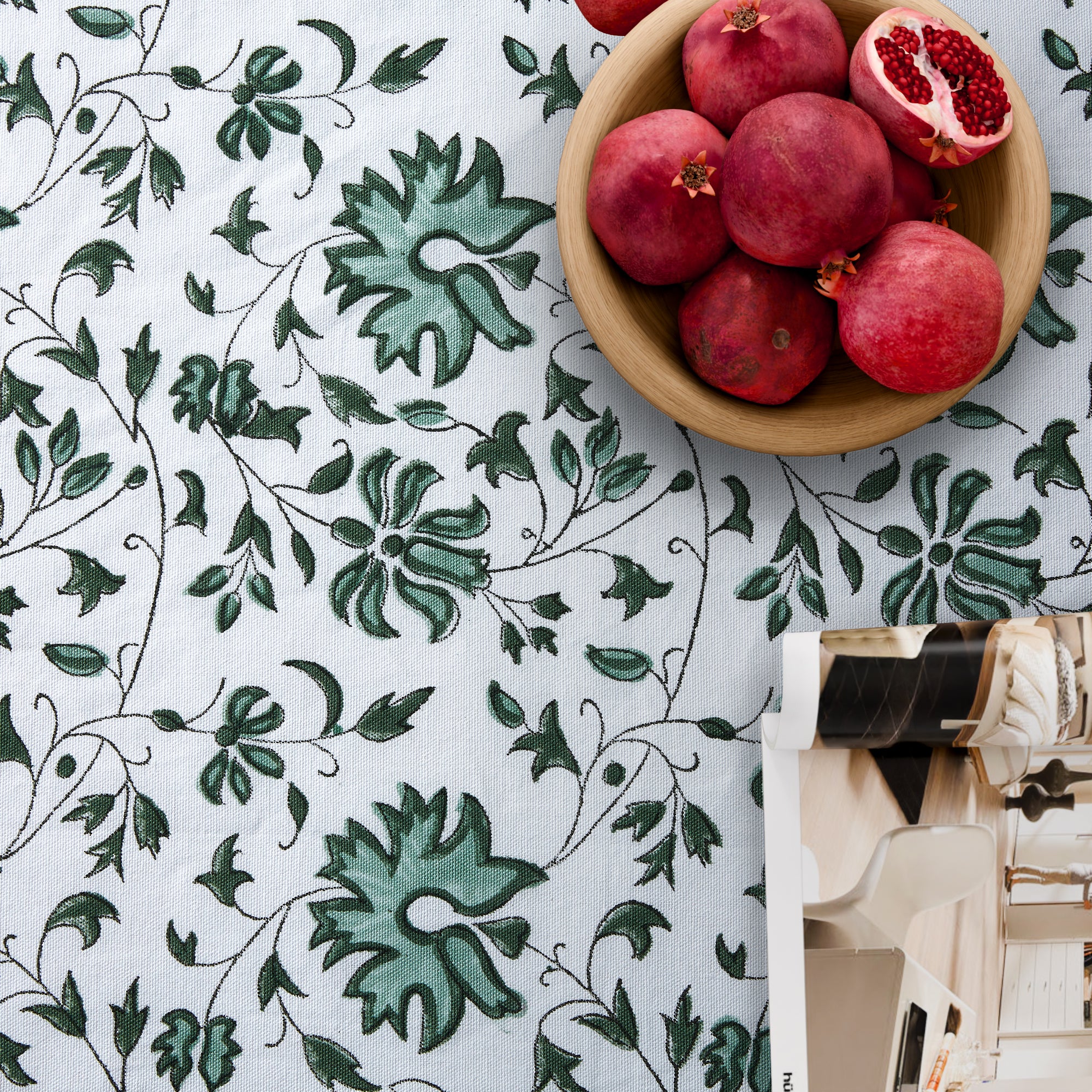 Hand Block Print Cotton Tablecloth, Versailles Garden Green