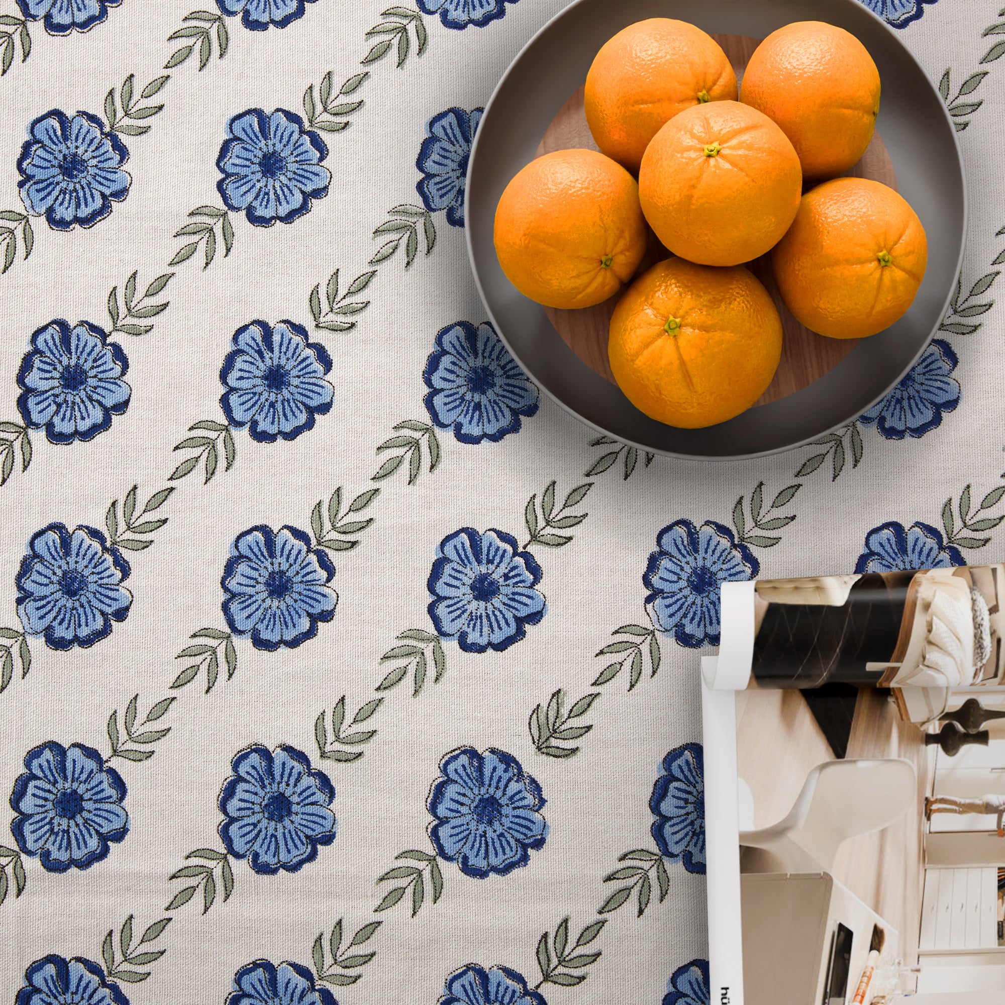 Hand Block Print Cotton Tablecloth, Blue Dutch Delft Blossoms