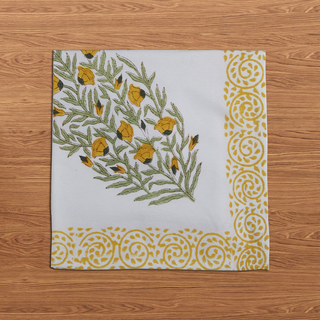 Hand Block Print Cotton Cloth Dinner Napkins, Yellow Bloom Sicily, 20x20 inch
