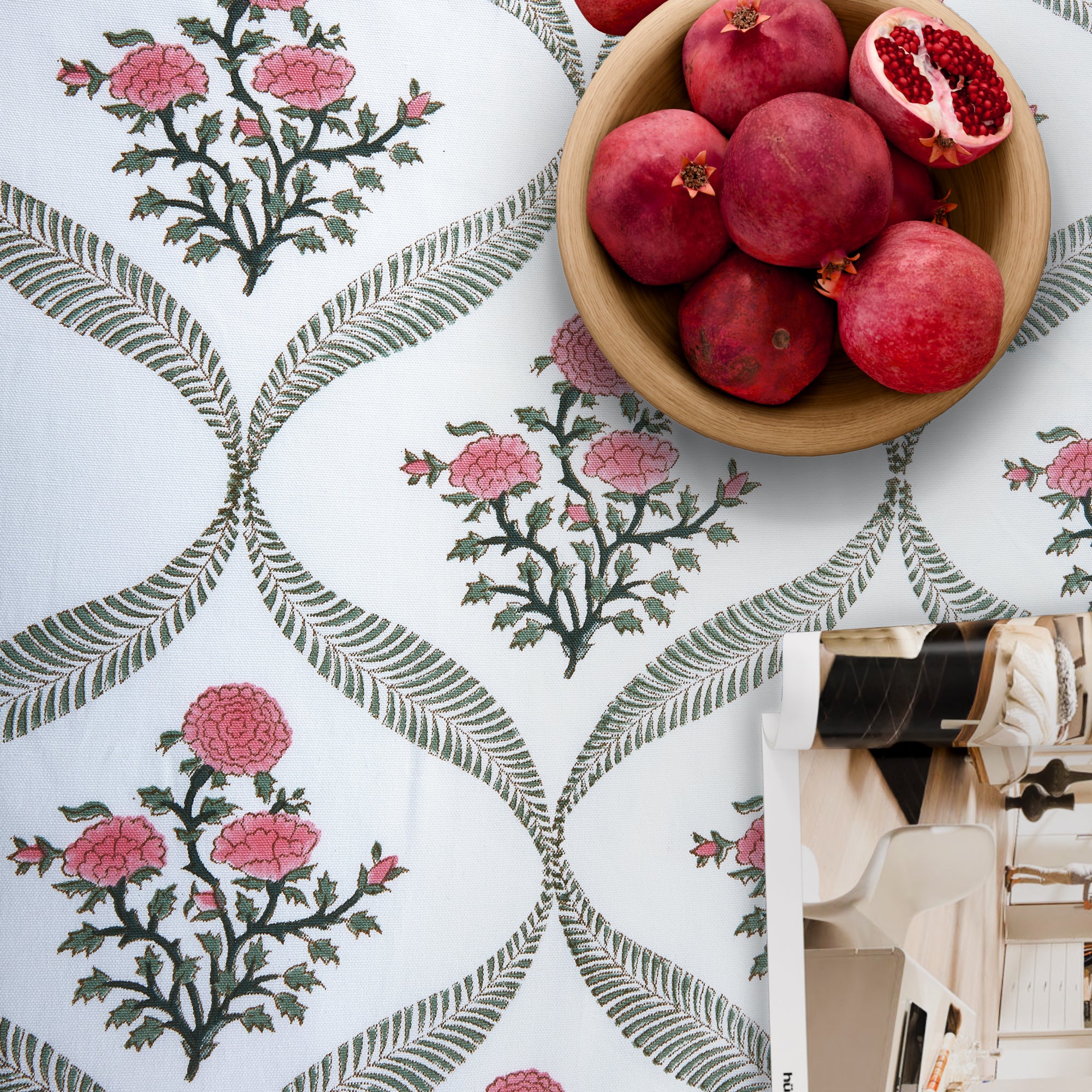 Hand Block Print Cotton Tablecloth, Pink Parisian Bloom