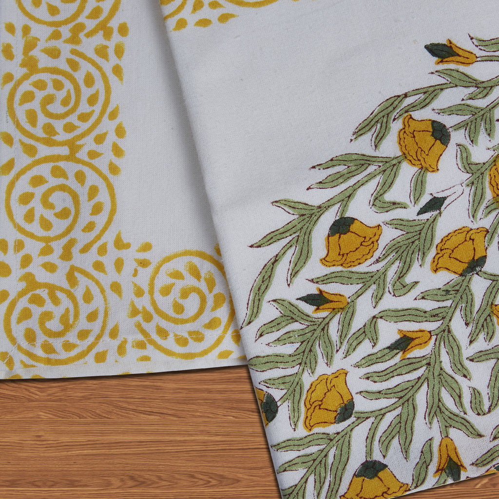 Hand Block Print Cotton Cloth Dinner Napkins, Yellow Bloom Sicily, 20x20 inch