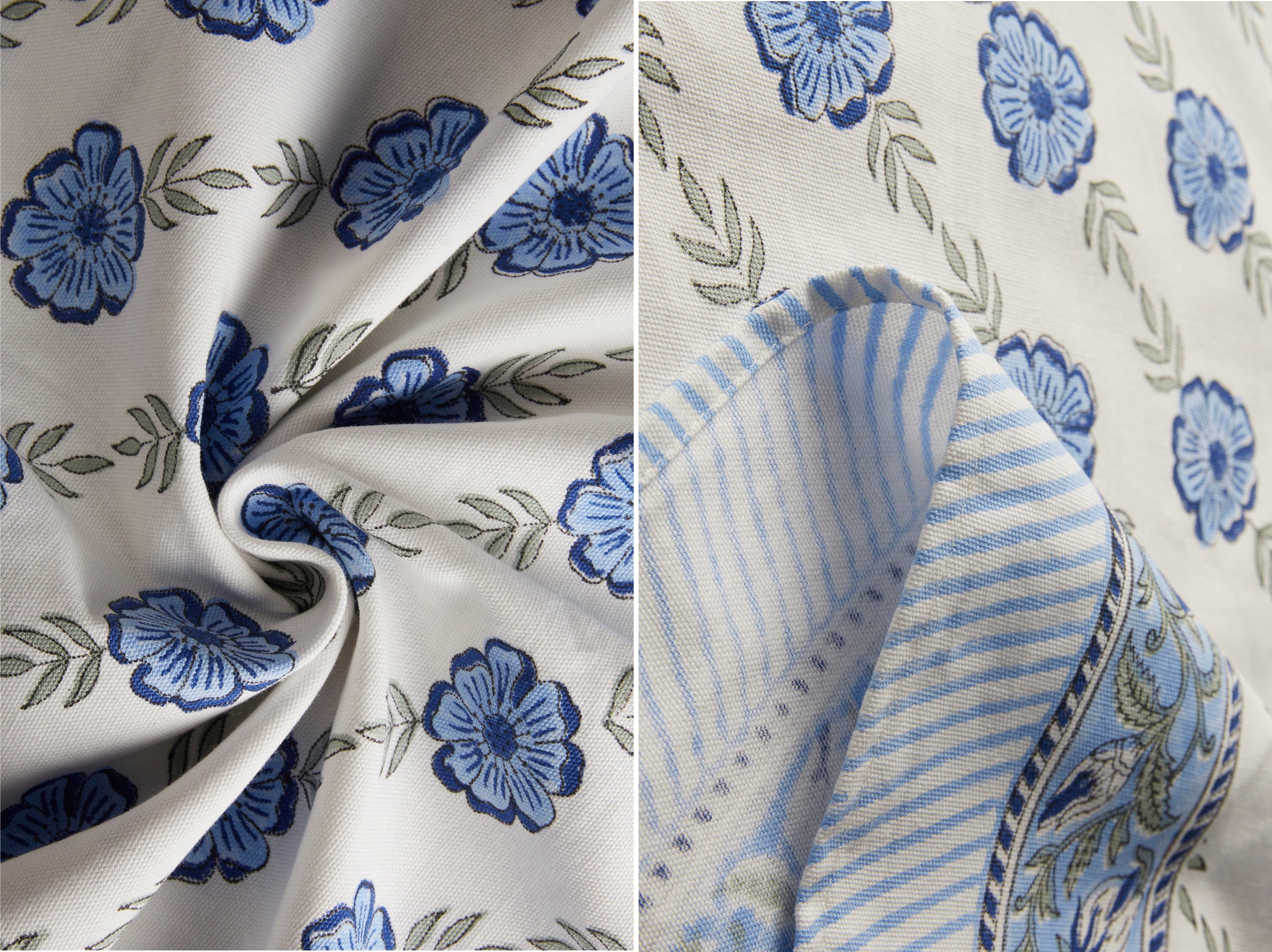 Hand Block Print Cotton Tablecloth, Blue Dutch Delft Blossoms